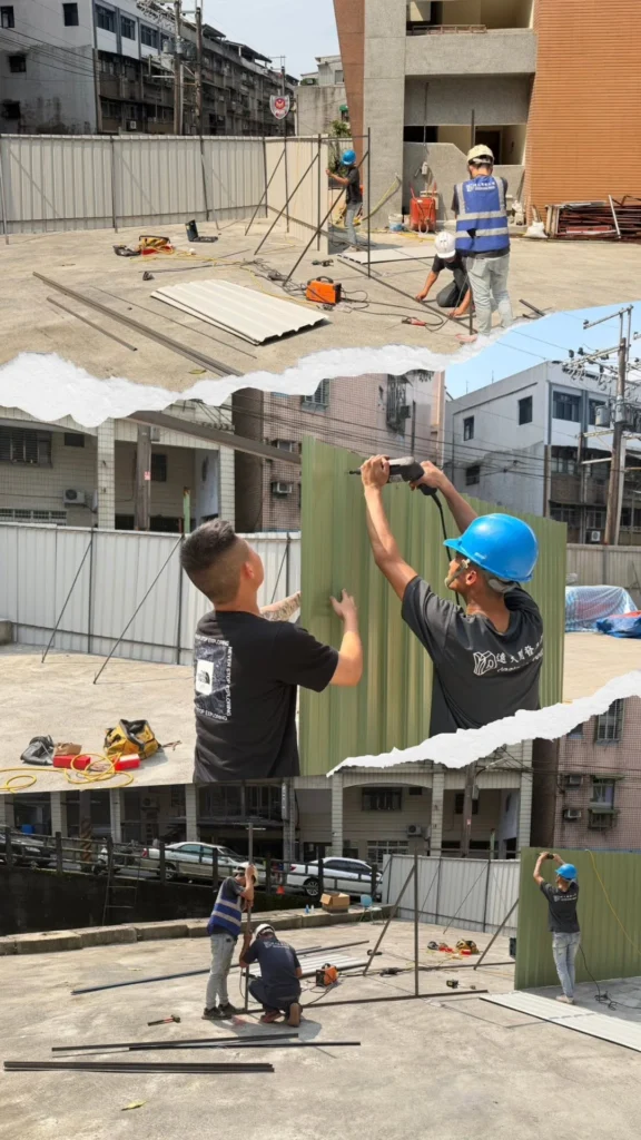 鐵皮圍籬搭建施工中_骨架定位與鐵皮板安裝