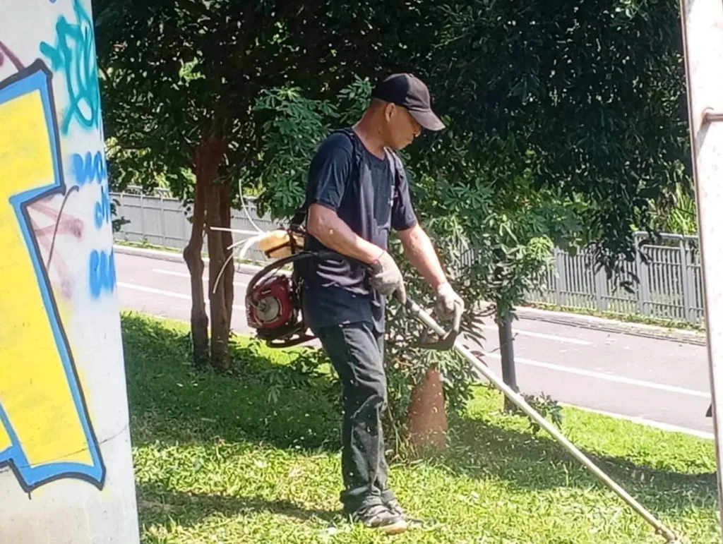 除草環境整理施工中_樹木周邊割草作業