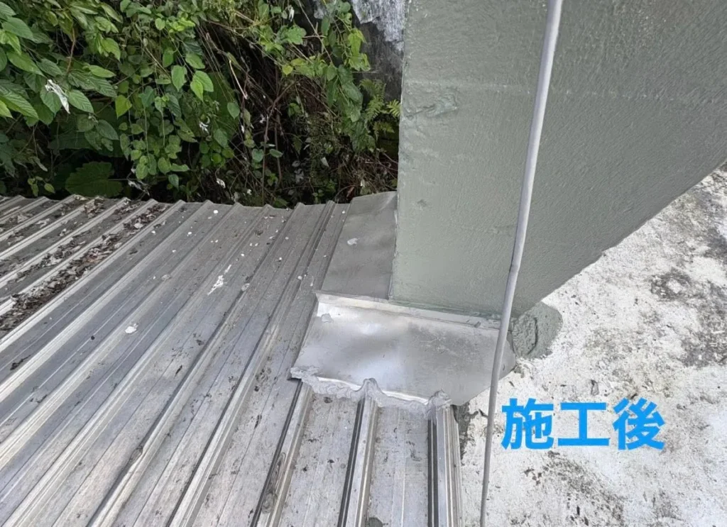 月眉路鐵皮屋頂完工後柱體交接處完成封板收邊