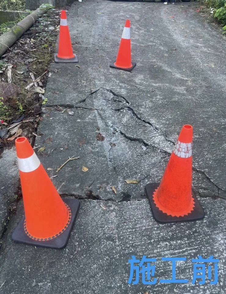 銘傳國中外車道修補前,路面可見大範圍龜裂與凹陷坑洞