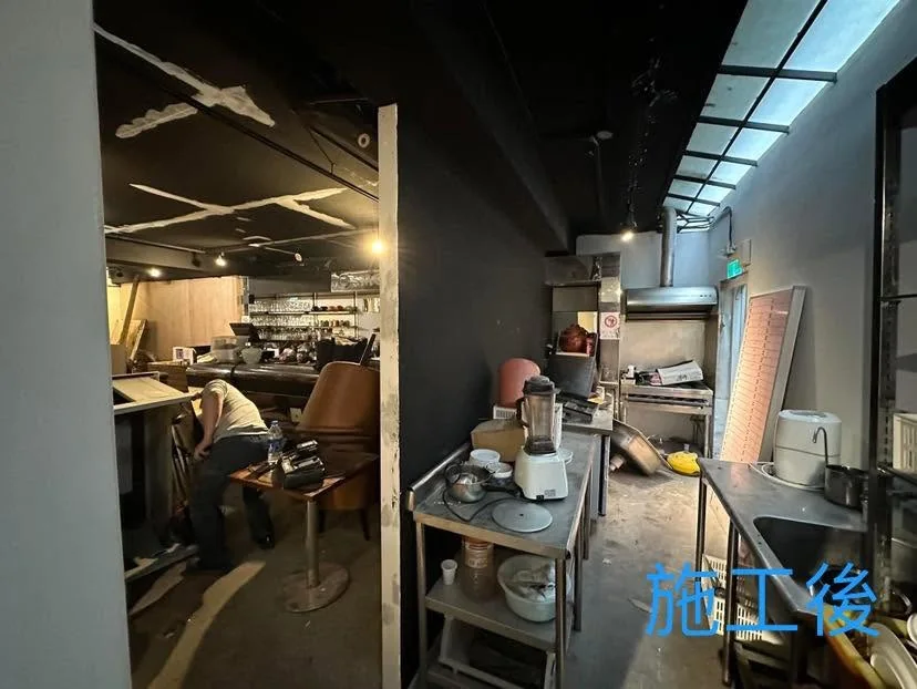 台北中山區店面施工後,廚房與用餐區隔間牆及天花已完成成形