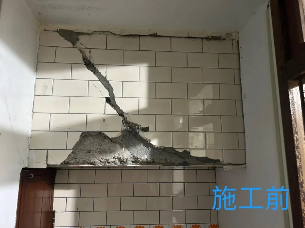 基隆仁愛區震後修繕前樑面磁磚開裂剝落