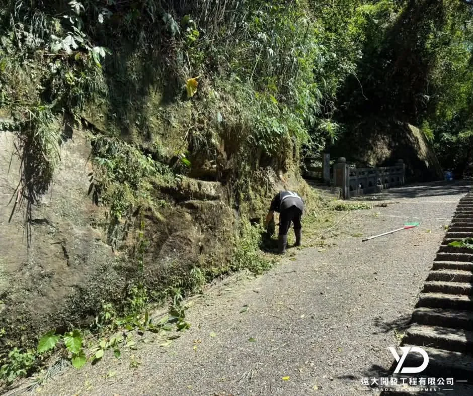 基隆市南榮路實明寺鋸樹施工中,人員進行道路與步道最後清理