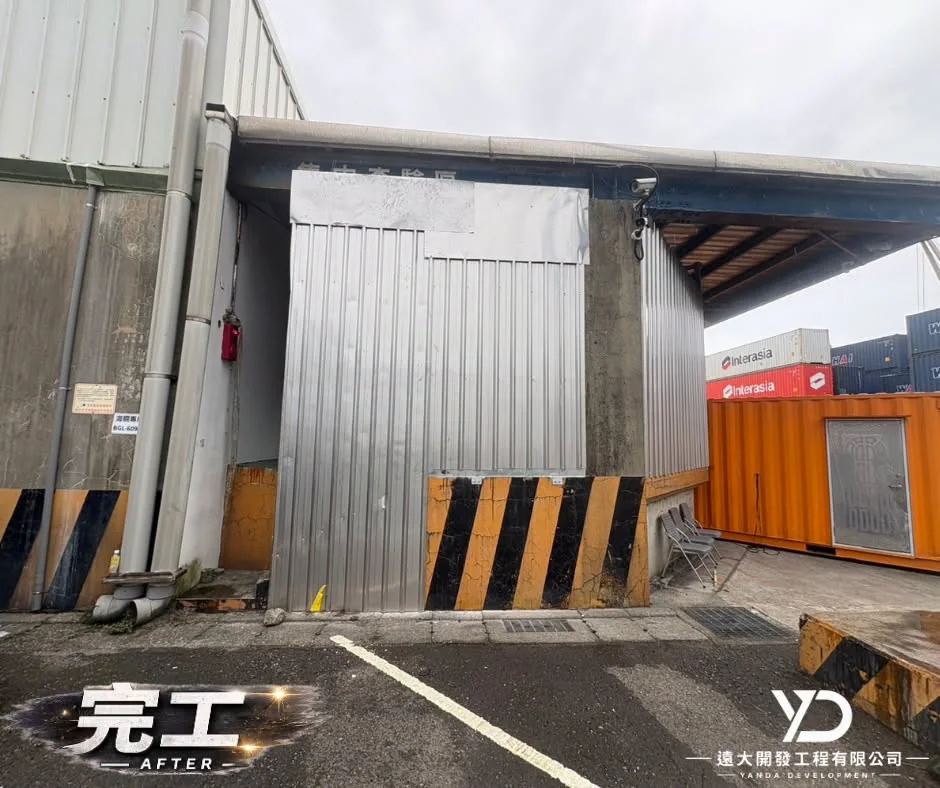 台基物流太白莊廠區完工後白鐵鐵皮牆面正面與入口收邊